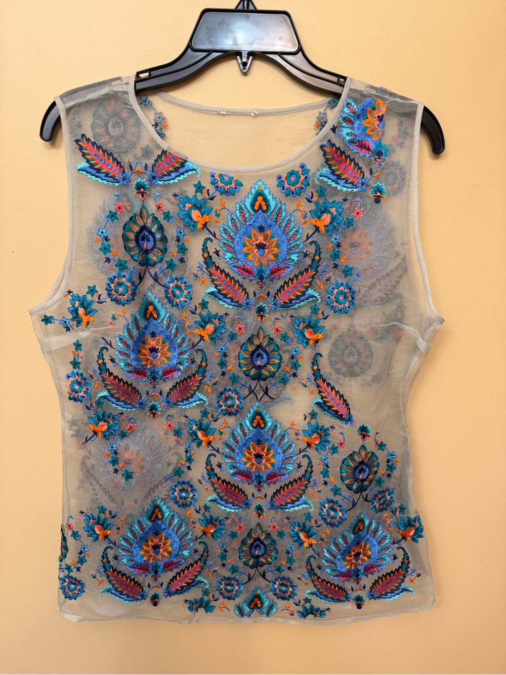 Sundance Sheer Embroidered Sleeveless Top - Blue & Orange Floral Motif